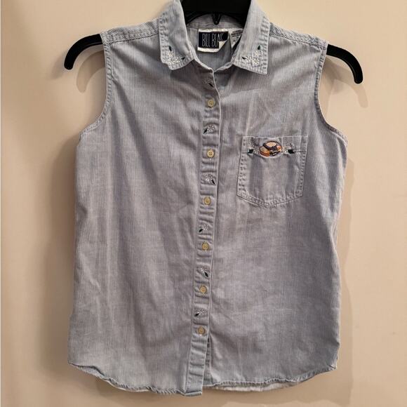 VTG Bill Blass Ladies Medium M Sleeveless Button Down Embroidered Garden Striped - Picture 1 of 9